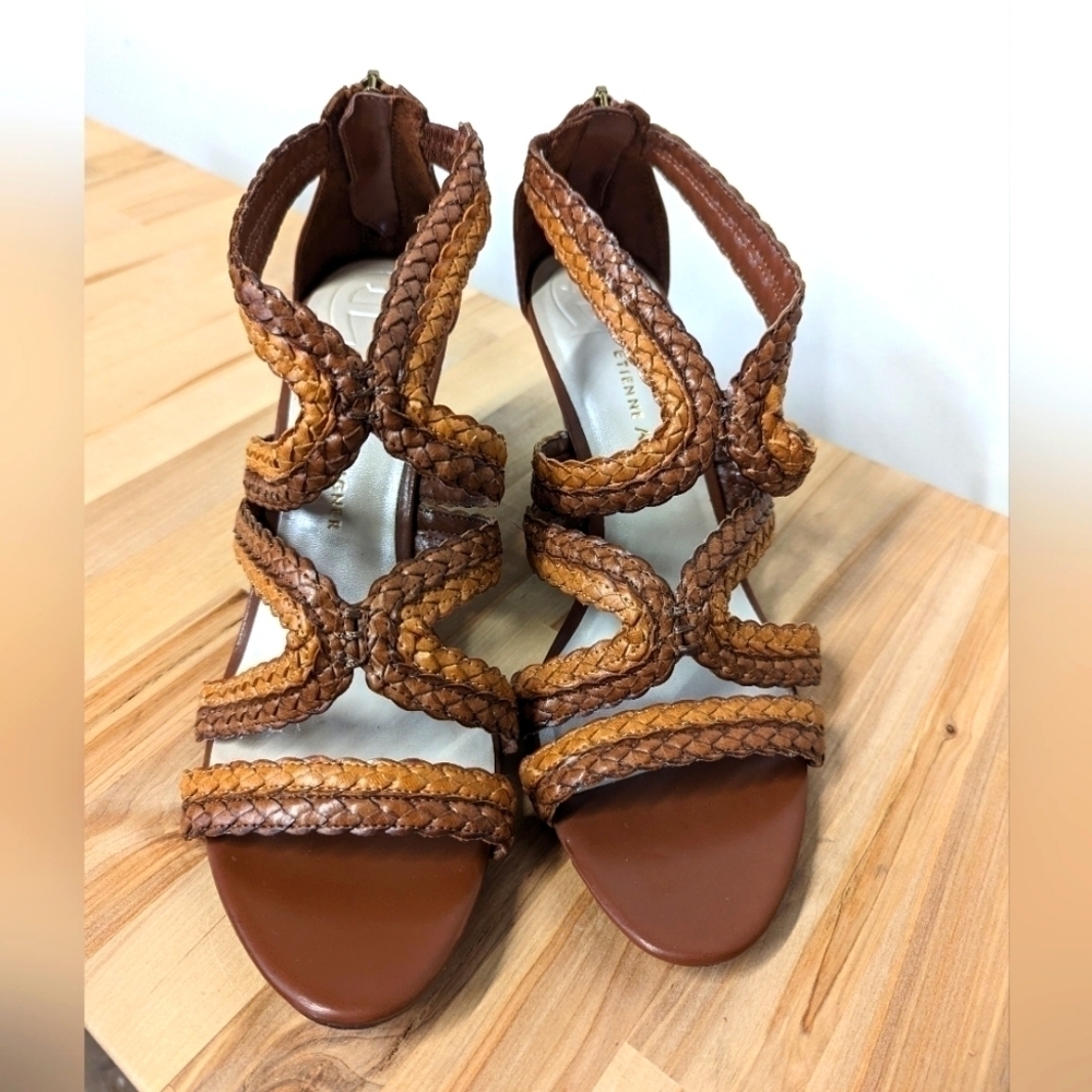 ETIENNE Aigner Braided Faux Leather Wedge Sandal 9.5
